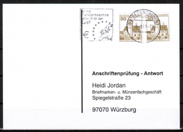 Bund 914 als portoger. MeF mit 2x 30 Pf B+S - Serie aus Rolle im Letterset-Druck auf Sammel-Anschriftenprfungs-Postkarte von 1993-2002, codiert