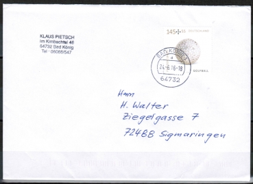 Bund 3237 als portoger. EF mit 145 Cent Sport 2016 auf 