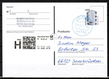 Bund 2302 als portoger. EF mit 1,60  SWK Bogen als Eckrand-Marke auf Prio-Postkarte von 2019-heute, codiert