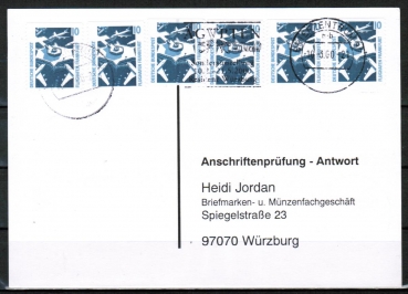 Bund 1347 C/o.g. aus MH als portoger. MeF mit 6x 10 Pf oben geschnitten auf Sammel-Anschriftenprfungs-Postkarte von 1993-2002