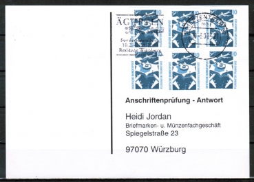 Bund 1347 C/D-Paare als portoger. MeF mit 3 senkr. Paaren aus MH auf Sammel-Anschriftenprfungs-Postkarte von 1993-2002