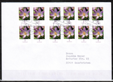 Bund 2480 als portoger. MeF mit 6x 5 Ct. Blumen-Serie / Krokus als o.g./u.g.-Paare + links geschnitten auf Inl.-Brief 20g von 2014 im Ankauf gesucht