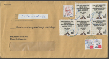 Bund 2832 als portoger. MiF mit 5x 100 Cent Fritz Reuter + Zusatzfrankatur auf Postzustellungsauftrag von 2026, codiert, ca.23,4 cm lang, Marken + Stempel M�ngelchen