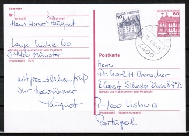 Bund 913 als portoger. MiF mit 10 Pf B+S - Serie Buchdruck aus Rolle als Zusatz auf 60 Pf B+S - Ganzsachen-Postkarte von 1982-1989 nach Portugal