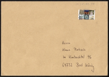 Bund 3204 Skl. (Mi. 3221) als portoger. EF mit 145 Cent Schwetzingen als Skl.-Marke auf bergroem B5-Inlands-Brief von 2017, ca. 25 cm lang