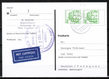 Bund 1038o.g./u.g. als portoger. EF mit grner 50 Pf oben/unten geschn. MH/Bdr. auf Luftpost-Postkarte von 1982-1989 n. Paraguay, AnkStpl.