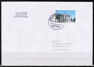 Bund 3354 Skl. (Mi. 3389) als portoger. EF mit 70 Cent Schloss Falkenlust zu Brhl als Skl.-Marke auf Inlands-Brief bis 20g von 2018-2019, codiert