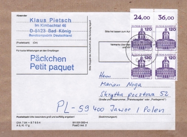 Bund 1141 als portoger. MeF mit 4x 120 Pf B+S -Serie aus Bogen als OR-4er-Block auf Ausl.-Pckchen-Adresse 500-1000g von 1982-1989 nach Polen, Ank.
