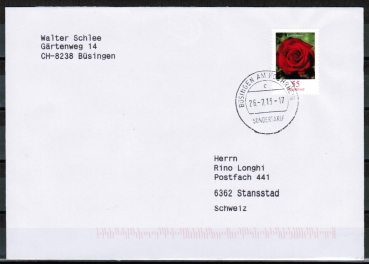 Bund 2669 als portoger. EF mit 55 Cent Blumen / Gartenrose aus Rolle auf B-Brief vom ZAG Bsingen in die Schweiz von 2012/2013, codiert