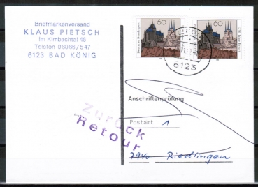 Bund 1611 als portoger. MeF mit 2x 60 Pf Erfurt auf Einzel-Anschriftenprfungs-Postkarte vom Nov. 1992, rs. PrfStpl.