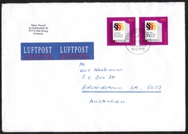 Bund 1874 als portoger. MeF mit 2x 300 Pf Brgerliches Gesetzbuch auf Nichtstand.-Luftpost-Brief bis 50g von 1996 nach Australien