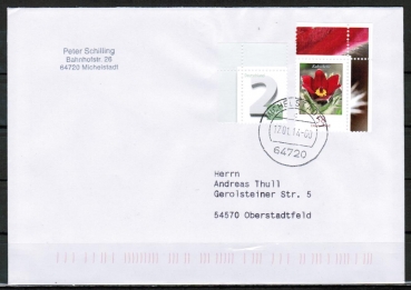 Bund 2968 - 58 Ct. Blumen aus Bogen mit 2 Cent portoger. auf Inlands-Brief bis 20g von 2014, codiert