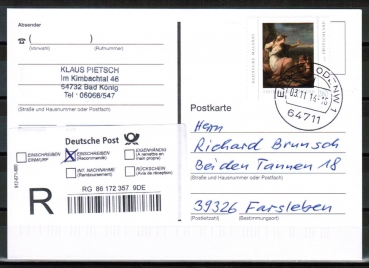 Bund 2785 als portoger. EF mit 260 Cent Malerei / Angelika Kauffmann auf Inl.-bergabe-Einschreibe-Postkarte von 2014-2015, codiert