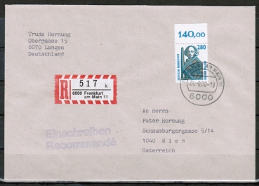 Bund 1381 als portoger. EF mit 280 Pf SWK aus Bogen mit Oberrand auf Einschreibe-Brief bis 20g von 1988 n. sterreich, ohne AnkStpl.