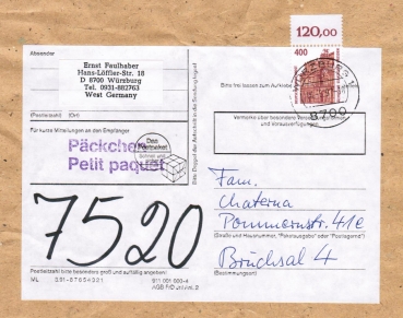 Bund 1562 als portoger. EF mit 400 Pf SWK aus Bogen mit Oberrand auf Inlands-Pckchen-Adresse von 1991-1992