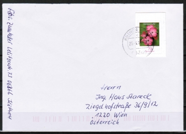 Bund 2529 Skl. (Mi. 2716) als portoger. EF mit 70 Cent Blumen / Kartusernelke als Skl.-Marke auf Europa-Brief bis 20g von 2010 nach sterreich, codiert