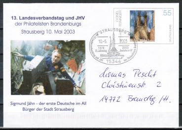 Bund 2294 als Ganzsachen-Umschlag mit eingedruckter Marke 55 Cent Lyonel Feininger als Brief bis 20g mit SST von 2003, codiert