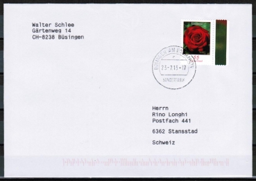 Bund 2669 als portoger. EF mit 55 Cent Blumen / Gartenrose aus Bogen mit Rand auf Bsingen-Brief in die Schweiz von 2012/2013, codiert