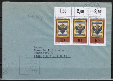 Bund 903 als portoger. MeF mit 3x 10 Pf Tag der Briefmarke 1976 auf Ortsbrief (!) bis 20g innerhalb Berlins von 1977