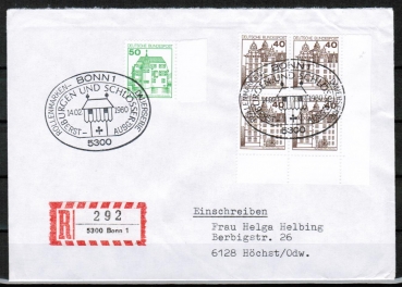 Bund 1037 als portoger. MiF mit 4x brauner 40 Pf B+S-Marke aus Bogen im 4er-Block + 50 Pf grne B+S mit SR auf Inl.-Einschreibe-Brief mit ESST von 1980
