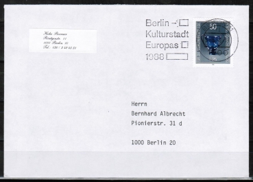 Berlin 765 als portoger. EF mit 50 Pf Wohlfahrt 1986 auf Ortsbrief bis 20g von 1986-1989 innerhalb Berlins