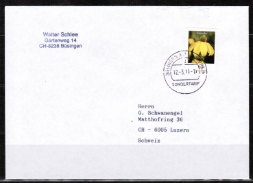 Bund 2524 Skl. (Mi. 2715) als portoger. EF mit 65 Cent Blumen als Skl.-Marke auf B-Brief vom ZAG Bsingen von 2010-2012 in die Schweiz, codiert