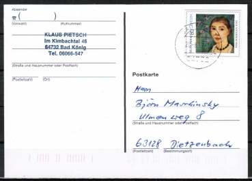 Bund 1854 als Ganzsachen-Ausschnitt aus PSo 43/44 mit 80 Pf P. Modersohn-B. - 1996-1997 auf Postkarte gebraucht, codiert