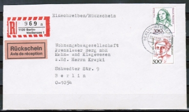 Bund 1397 als portoger. MiF mit 500 + 300 Pf Frauen auf Inlands-Einschreibe-Rckschein-Brief bis 20g von 1993