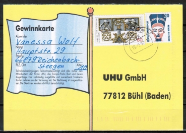 Bund 1398 - 20 Pf SWK aus Rolle mit 80 Pf Marke auf Inlands-Postkarte von 1997-2002, codiert