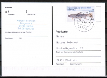 Bund 3120 als portoger. EF mit 45 Cent Meerforelle auf Inlands-Postkarte von 2014-2019, codiert