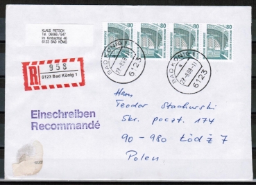 Bund 1342 als portoger. MeF mit 4x 80 Pf SWK aus Bogen auf Ausl.-Einschreibe-Brief bis 20g von 1987-1989 nach Polen, AnkStpl.