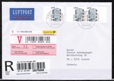 Bund 2302 als portoger. MeF mit 3x 1,60  SWK aus Bogen mit Rand auf Europa-Wertbrief 20-50g von 2009-2010 in die Schweiz/Label