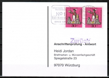 Bund 606 als portoger. MeF mit 2x 30 Pf Wohlfahrt 1969 auf Sammel-Anschriftenprfungs-Postkarte von 1993-2002