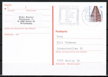 Berlin 816 als einfache Ganzsachen-Postkarte P 129 mit eingedr. Marke 40 Pf SWK Lumo neben Marke als Orts-Postkarte innerh. Berlins von 1989-1991