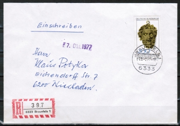 Bund 945 - 10 Pf berfrankierte EF mit 200 Pf Kentaurenkopf auf Inlands-Einschreibe-Brief bis 20g von 1977