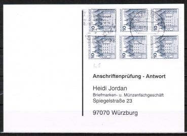 Bund 913 als portoger. MeF mit 6x 10 Pf B+S - Serie Letterset (aus Rolle) auf Sammel-Anschriftenprfungs-Postkarte von 1993-2002