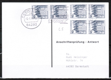 Bund 913 o.g./u.g.-Paare als portoger. MeF mit 3x 10 Pf oben/unten geschnittene Paare im Letterset-Druck auf Anschriftenprfungs-Postkarte von 1993-2002