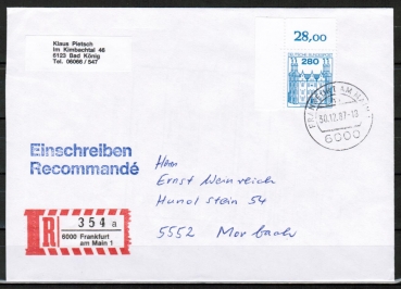 Bund 1142 als portoger. EF mit 280 Pf B+S - Serie aus Bogen mit Ober-Eckrand li.o. auf Inlands-Einschreibe-Brief bis 20g von 1982-1989