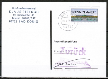 Bund ATM 2 - Nadeldruck - Marke zu 140 Pf als portoger. EF auf Einzel-Anschriftenpr�fungs-Postkarte von 1993-1997, codiert, rs. mit Stempel