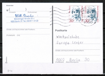 Berlin 811 als portoger. MeF mit 2x 20 Pf Frauen-Serie auf Orts-Postkarte innerhalb Berlins von 1988-1991 - im Ankauf gesucht !
