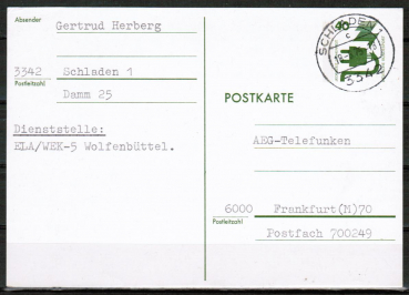 Bund 699 als Ganzsachen-Postkarte mit eingedruckter Marke 40 Pf Unfallverhtung mit altem Adress-Vordruck, als Inlands-Postkarte von 1974-1978