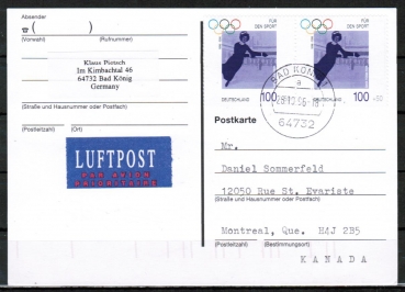 Bund 1863 als portoger. MeF mit 2x 100 Pf Sport 1996 auf bersee-Luftpost-Postkarte von 1996 nach Kanada, vs. codiert