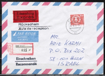 DDR 2550 - 2,- Mark als portoger. EF auf Lp-Eil-Ebf.-RSch-Brief bis 10g im DDR-Tarif vom Juni 1990 nach Israel, AnkStpl. auf Rckschein !