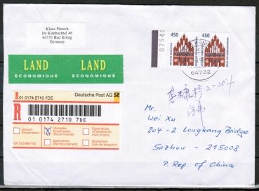 Bund 1623 als portoger. MeF mit 2x 450 Pf SWK aus Bogen auf bersee-Land-Einschreibe-Brief 50-100g von 1997-2002 n. China, AnkStpl.
