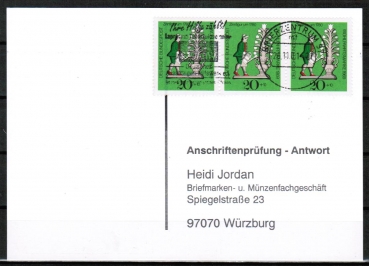 Bund 605 als portoger. MeF mit 3x 20 Pf Wohlfahrt 1969 auf Sammel-Anschriftenprfungs-Postkarte von 1993-2002