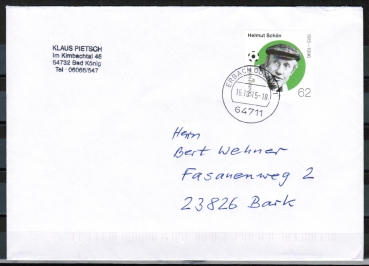 Bund 3174 als portoger. EF mit 62 Cent Helmut Schn auf Inlands-Brief bis 20g von 2015 im Ankauf gesucht !