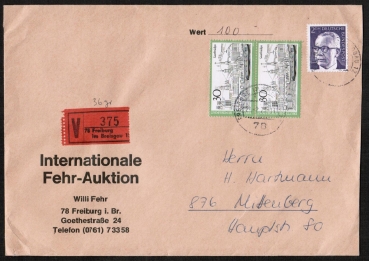 Bund 787 als portoger. MiF mit 2x 30 Pf Saarbrcken + 2,- DM Heinemann auf Inlands-Wertbrief 36g von 1973, 14x20 cm