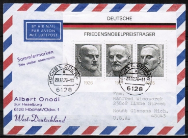 Bund 871-873 als portoger. Block-EF mit Friedensnobelpreistrger-Block 11 auf Luftpost-Brief 15-20g von 1976 in die USA, rs. Code-Stempelchen !