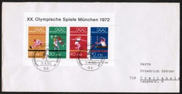Bund 734-737 als Olympiade-Block 8 stark berfrakiert auf Langformat-Brief mit ESST von 1972
