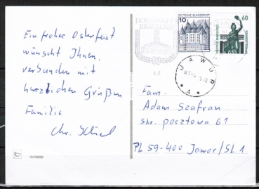 Bund 913 als portoger. MiF mit 10 Pf B+S - Serie Letterset (aus Rolle) + 60 Pf SWK-Serie auf Auslands-Postkarte vom Mrz 1989 nach Polen, vs. AnkStpl.
